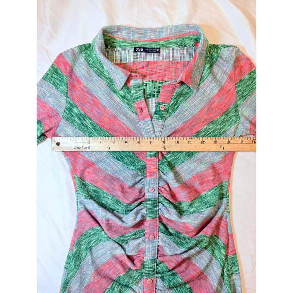 Zara Womens Size S Multicolor Striped Ruched Button Front Mini Shirt Dress - Picture 4 of 7